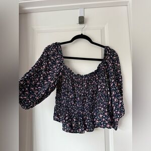 Francesca's Navy Floral Blouse with Pink Details